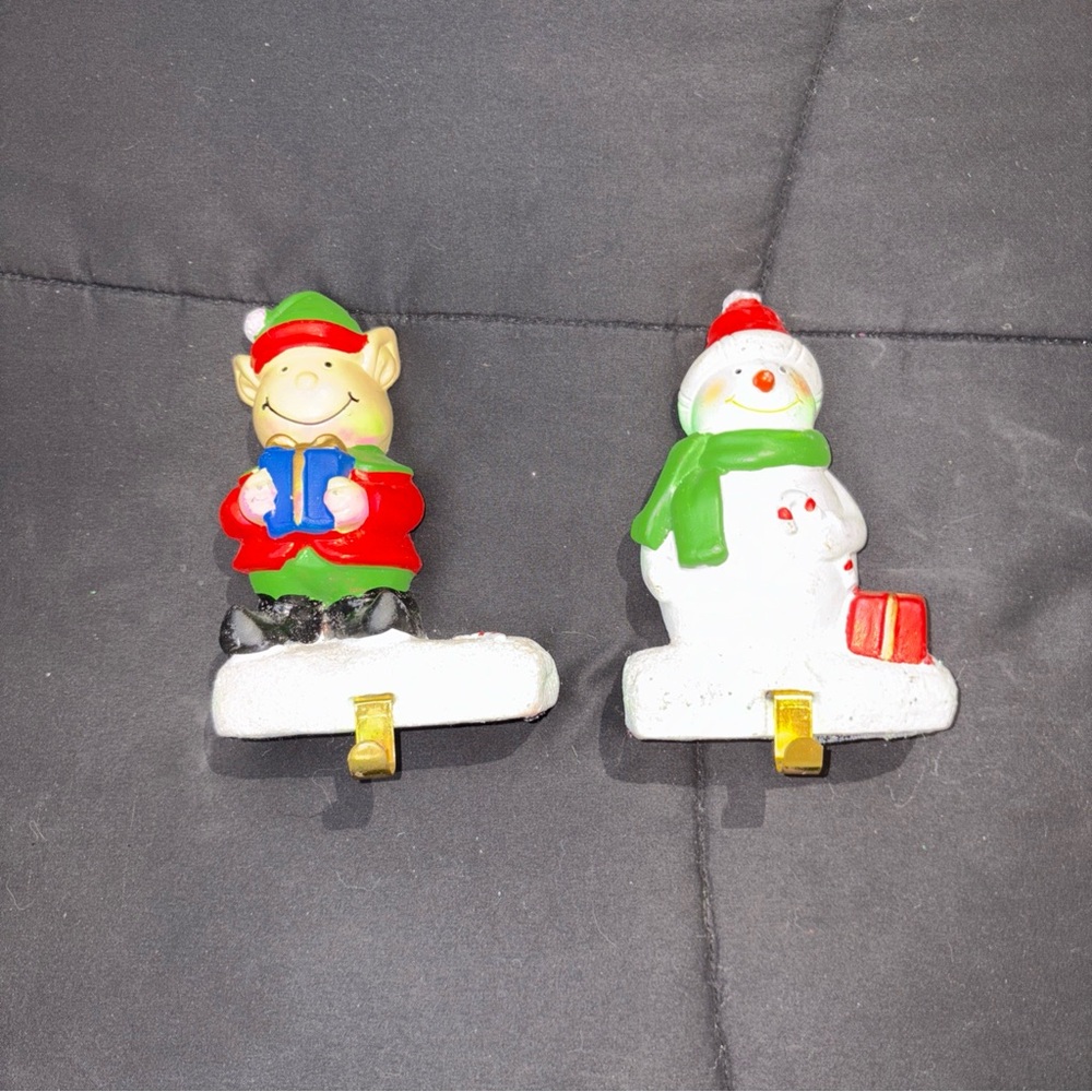 Greenbrier ceramic  Elf and Snowman Christmas stocking holder Set
